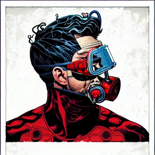 Image similar to a profile photo of an evil man with a diving oxygen mask with side profile blood in ocean intricate details by MARVEL comics and Sandra Chevrier-C