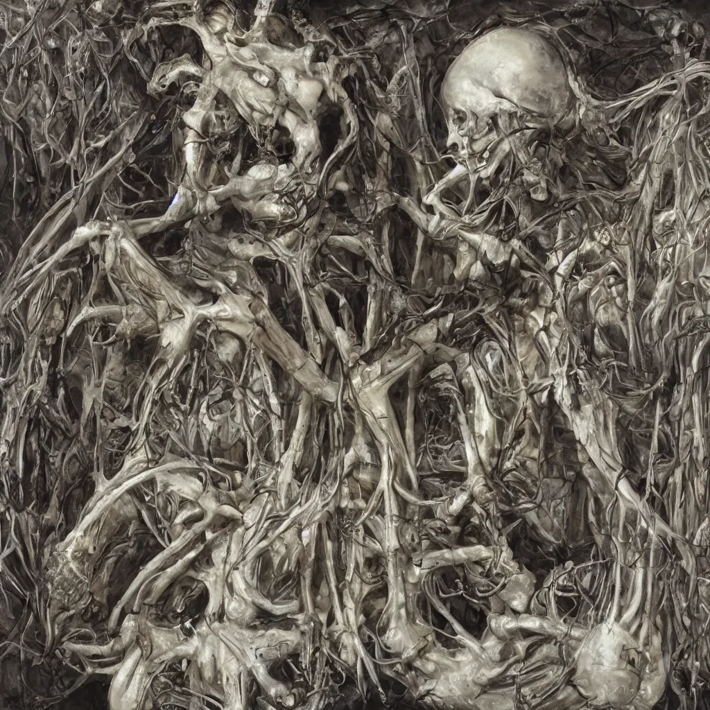 Image similar to realistic shot bloody bones, organs and flesh, biomechanical technology, natural light, by h r giger