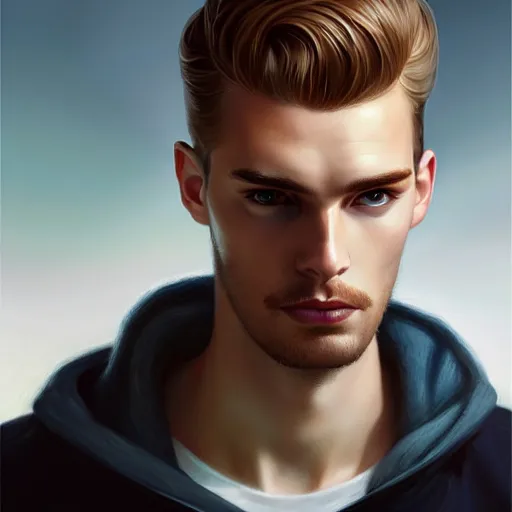 Image similar to tall man in his twenties with brown blond short quiff hair and round facial structure with cleft chin, straight eyebrows, cheekbones, lightly blue eyes, wide face, shadow of beard, atmospheric lighting, painted, intricate, 4 k, highly detailed by charlie bowater