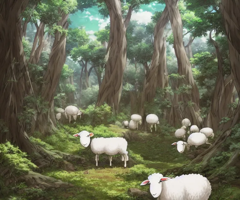 Image similar to sheep in a forest, anime fantasy illustration by tomoyuki yamasaki, kyoto studio, madhouse, ufotable, comixwave films, trending on artstation