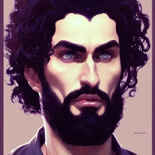 Image similar to ,Crystal blue eyes arab man with black hair curly,serious face, by WLOP,Artgerm,Greg Rutkowski,Alphonse Mucha, Beautiful dynamic,shadows,Artstation,concept design art,Octane render,8K