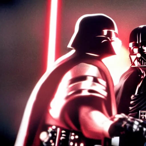 Prompt: stunning awe inspiring sylvester stallone with a red bandana fighting darth vader, movie still 8 k hdr atmospheric lighting