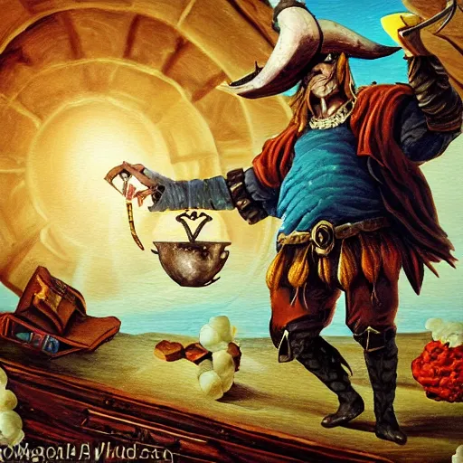 Image similar to a minotaur pirate captain on his ship with a popcorn machine and his book of spells, detailed fantasy painting