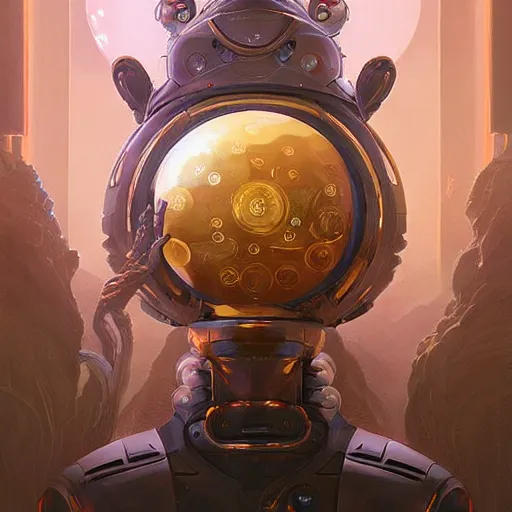 Image similar to a stylistic portrait of a robot god surrounded by small glowing orbs, D&D, fantasy, intricate, smooth, golden hour, artwork by Peter mohrbacher and Wayne barlowe