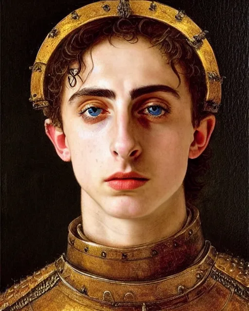 Image similar to timothee chalamet medieval portrait, armored priest, delicate detailed medieval portrait in the style of eugene de blaas, perfect face