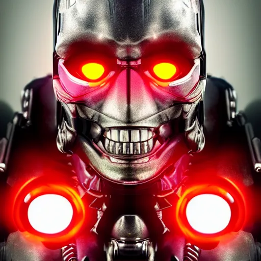Image similar to portrait of a menacing evil villain robot, glowing dark red eyes, metal teeth, striking, Terminator, Ultron, sci-fi, facial features, skull shape, circuitry, C-3PO
