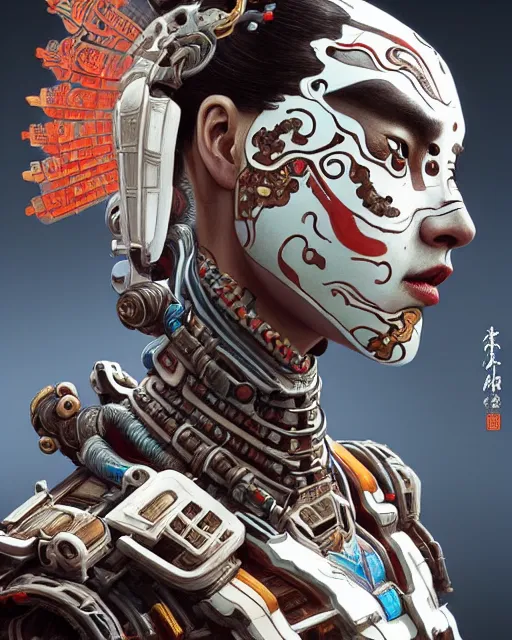 Image similar to portrait of a machine from horizon zero dawn, machine face, upper body, decorated with chinese opera motifs, asian, traditional chinese art, intricate, elegant, highly detailed, digital painting, artstation, concept art, smooth, sharp focus, illustration, art by artgerm and greg rutkowski and alphonse mucha, 8 k