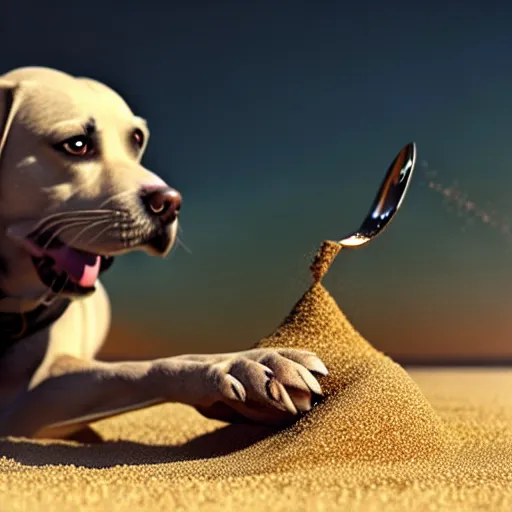 Prompt: dog eating sand, stylized, artstation, hd, cgsociety, cgi, digital illustrations and arts, realistic, dramatic, cinematic, artistic, famous, detailed