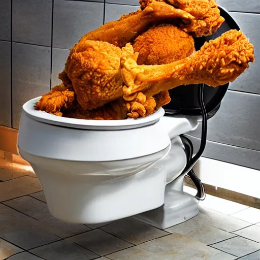 Prompt: open toilet filled with fried chicken