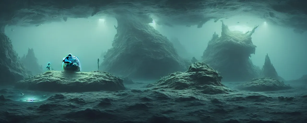 Image similar to ultra realistic muted colors horror photo of a dimly lit alien underwater landscape, very intricate details, focus, full frame image, high contrast, cgi render, artwork by tooth wu and wlop and beeple and greg rutkowski, award winning