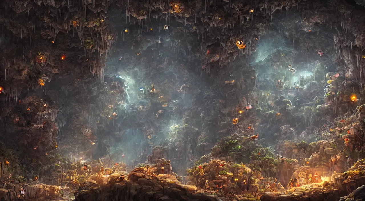 Image similar to a gloomy cave filled with giant hamsters and fireflies, mysterious, large scale, breathtaking, mixed media, digital art, trending on artstation, 8k, epic composition, highly detailed, AAA graphics