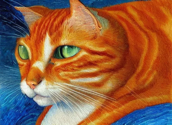 Prompt: detailed realistic realism painting of orange tabby cat fused combined with lasagna, at dusk, in the style of vincent van gogh and salvador dali and leonardo da vinci