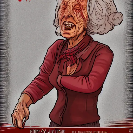 Image similar to An old lady with red skin, red skin, red skinned, in the style of Disco Elysium, Disco Elysium, Disco Elysium artwork