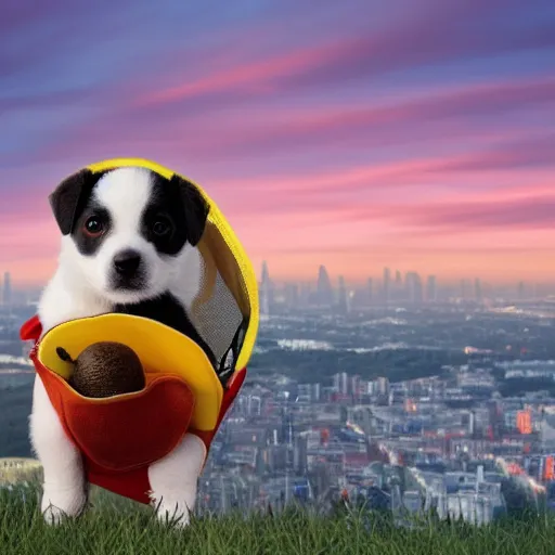 Image similar to A puppy carrying fruit in a backpack, on the top of a hill, looking at the city in the distance, during a sunset, hyper-realistic