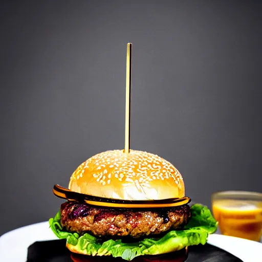 Image similar to very stacked burger, award winning photo, food photography, golden hour, holy