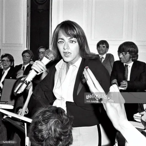 Prompt: French pop star Daphne LaCroix argues in favor of worker\'s rights with German New-Trad Intellectuals in Berlin, March, 1978, watermark free