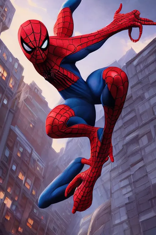 Image similar to hyperrealistic spiderman combined with a real spider by artgerm, tooth wu, dan mumford, beeple, wlop, rossdraws, james jean, marc simonetti, artstation giuseppe dangelico pino and michael garmash and rob rey and greg manchess and huang guangjian and makoto shinkai