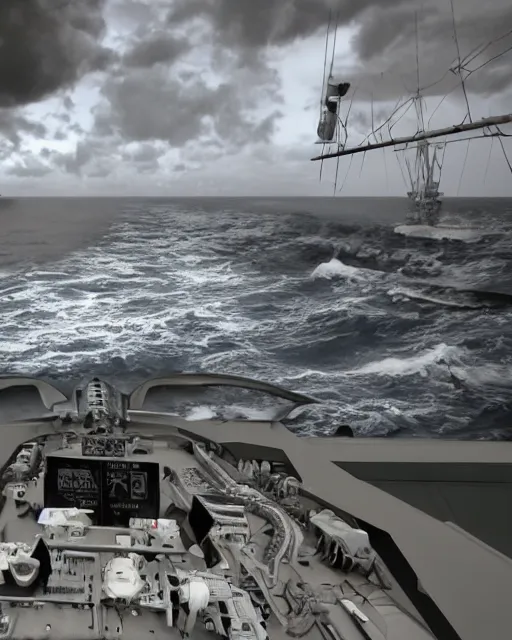 Prompt: view from an aircraft carrier of stormy seas, stormy weather, unreal engine, hyper realism, realistic shading, cinematic composition, realistic render, octane render, detailed textures, photorealistic