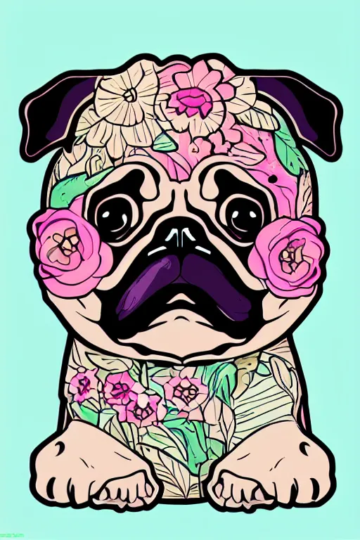 Image similar to portrait of a flower pug, art by milka oxana, sticker, colorful, illustration, highly detailed, simple, smooth and clean vector curves, no jagged lines, vector art, smooth