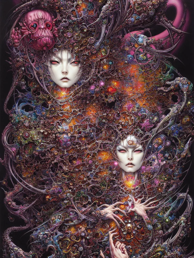 Image similar to realistic detailed image of Technological Diamond Nightmare Abomination Monster God by Ayami Kojima, Amano, Karol Bak, Lisa Frank, and Mark Brooks, Neo-Gothic, gothic, rich deep colors. Beksinski painting, part by Adrian Ghenie and Gerhard Richter. art by Takato Yamamoto. masterpiece