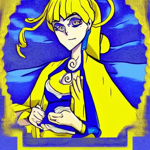 Prompt: a jojo bizarre adventures artstyle drawing : Marie the mother of Jesus dressing blue and yellow next to the pyramids