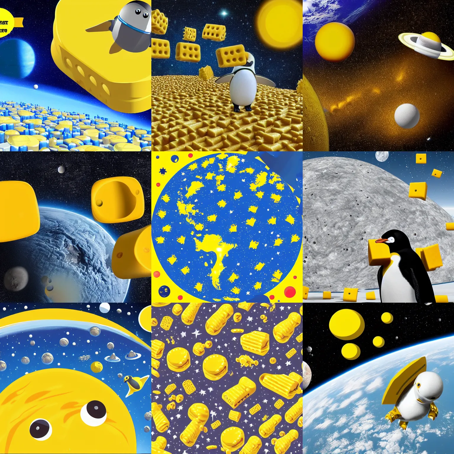 Prompt: planet made of yellow swiss cheese in space, robot penguins, invasion, hyper-realistic