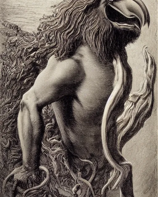 Image similar to a creature with the body and eyes of a man, with the beak of an eagle, the mane of a lion, and the horns of an ox drawn by jean delville