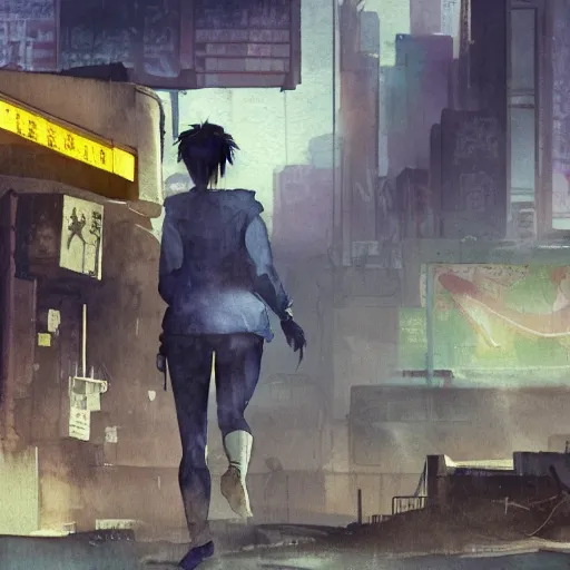 Image similar to incredible wide screenshot, ultrawide, simple watercolor, rough paper texture, ghost in the shell movie scene, backlit distant shot of girl in a parka running from a giant robot invasion side view, yellow parasol in deserted dusty shinjuku junk town, broken vending machines, bold graphic graffiti, old pawn shop, bright sun bleached ground, mud, fog, dust, windy, scary robot monster lurks in the background, ghost mask, teeth, animatronic, black smoke, pale beige sky, junk tv, texture, brown mud, dust, tangled overhead wires, telephone pole, dusty, dry, pencil marks, genius party,shinjuku, koji morimoto, katsuya terada, masamune shirow, tatsuyuki tanaka hd, 4k, remaster, dynamic camera angle, deep 3 point perspective, fish eye, dynamic scene