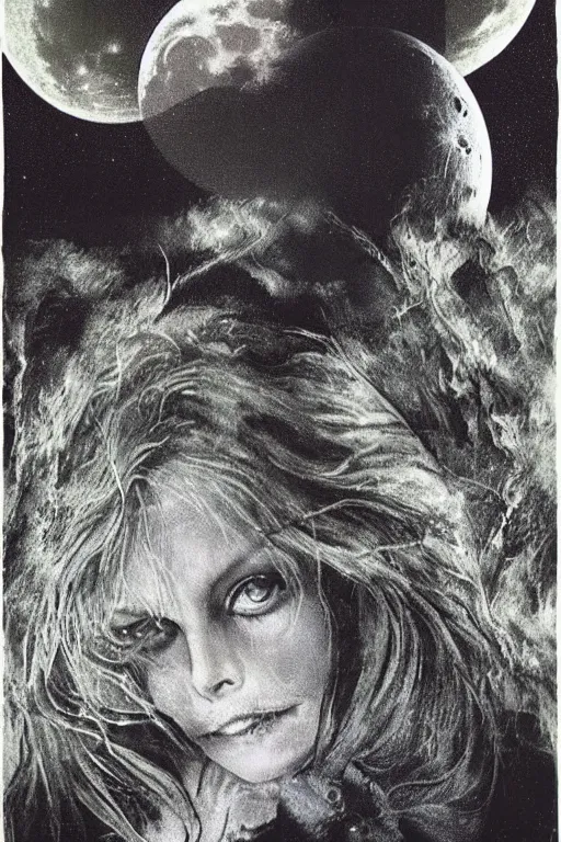 Image similar to michelle pfeiffer 1 9 8 0 s vhs tape cover, “ unico indizio la luna piena ”, atmospheric, realism, hand drawn, horror, grimy, in the woods, highly detailed, high octane render, hd, spooky moon and fog, in the style of enzo sciotti