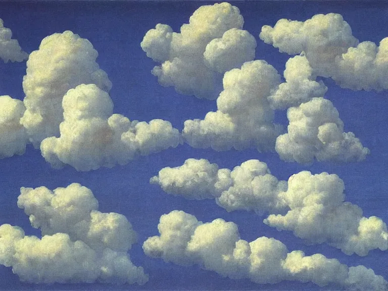 Prompt: clouds painted on curtains , painting by rene magritte, centered, high detail, high resolution