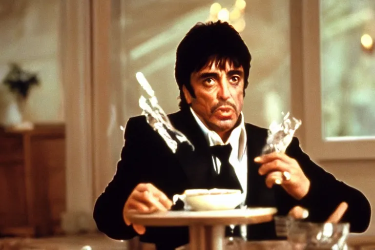 Image similar to tony montana from movie scarface 1 9 8 3 sitting at a big black oak table with big packages of flour. next to the night window. ( al pacino ). perfect symmetric face, coherent eyes,, fine details, 4 k, ron cobb, cinestill