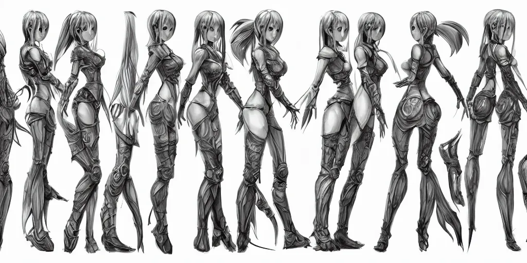 Prompt: female concept art, front, side, and back view, arms outstretched, modeling reference sheet, lineart, orthographic view, ink, black and white, varying thickness, manga pen, in the style of Final Fantasy IX, 3D modeling concept sheet, white background