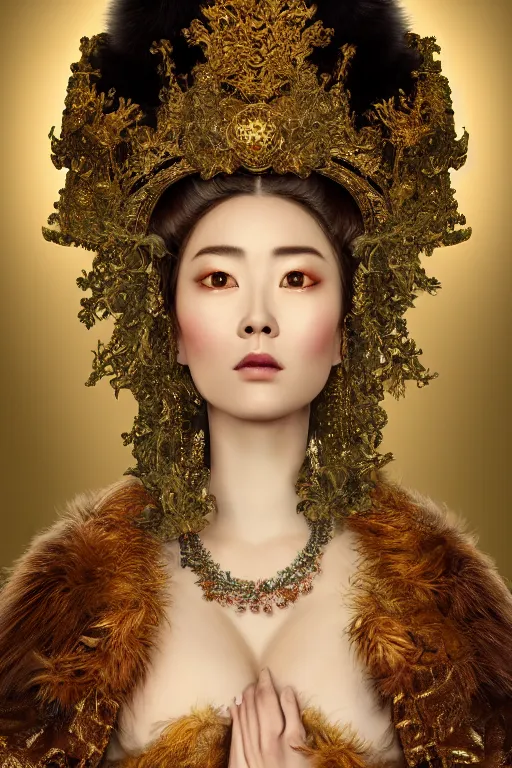 Prompt: a beautiful empress portrait, with a brilliant, impossible striking huge fur headpiece, fur clothes robes, everything fur, symmetrical, dramatic studio lighting, rococo, baroque, greens, asian, hyperrealism, closeup, D&D, fantasy, intricate, elegant, highly detailed, digital painting, artstation, octane render, 8k, concept art, matte, sharp focus, illustration, art by Artgerm and Greg Rutkowski and Alphonse Mucha