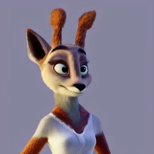 Image similar to portrait, 3 d render, anthropomorphic deer female, wearing long white dress, in the style of zootopia