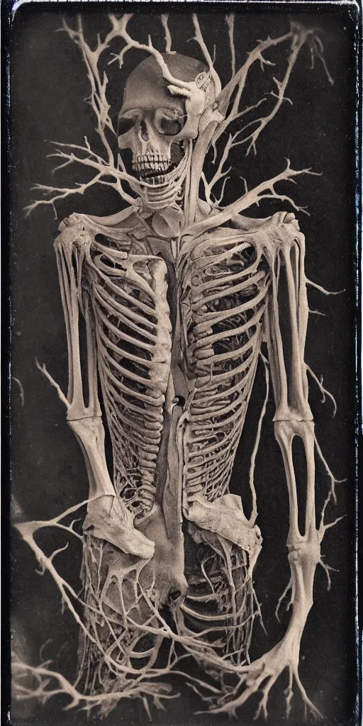 Image similar to an 1 9 1 0 polaroid photography of a very sad and detailed rotten woman corpse with fractal coral reefs and ornate growing all around, muscles, veins, arteries, bones, anatomical, skull, eye, ears, full body, intricate, surreal, ray caesar, john constable, guy denning, dan hillier, black and white