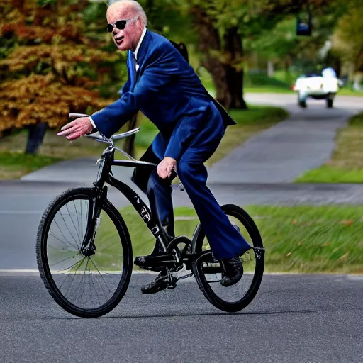 Image similar to ultra realistic photo of joe biden falling off of his bike, film, perfect face, in the style of a candid photo