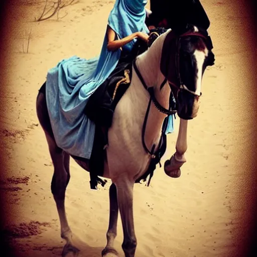 Image similar to burqa's woman, ride horse, taliban, riffle on chest, dust, cinematic, beautiful, dynamic pose, pinterest