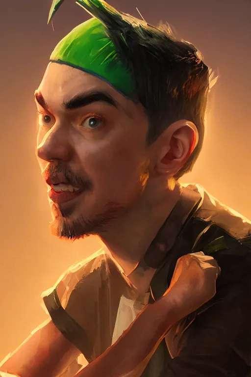 Image similar to a portrait of the YouTuber jacksepticeye in a goofy outfit by Greg Rutkowski, Sung Choi, Mitchell Mohrhauser, Maciej Kuciara, Johnson Ting, Maxim Verehin, Peter Konig, final fantasy , 8k photorealistic, cinematic lighting, HD, high details, atmospheric , trending on artstation