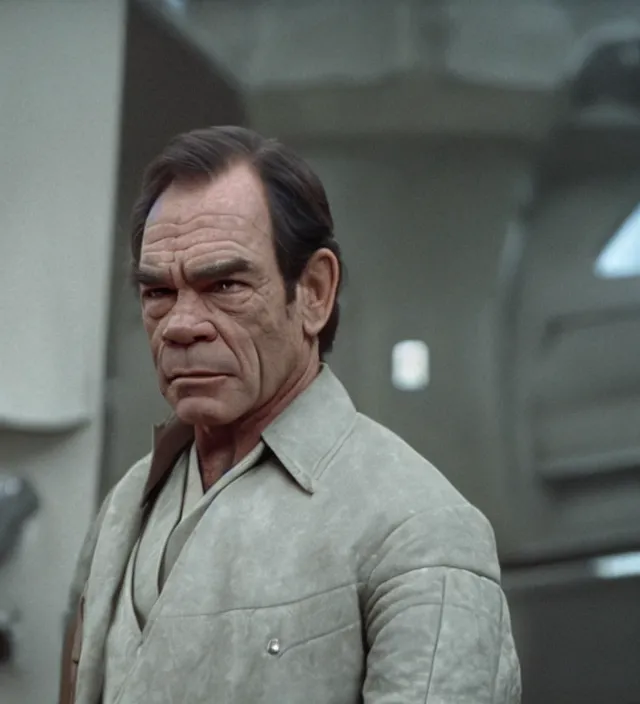 Image similar to tommy lee jones in star wars, movie still frame, hd, remastered, movie grain, cinematic lighting