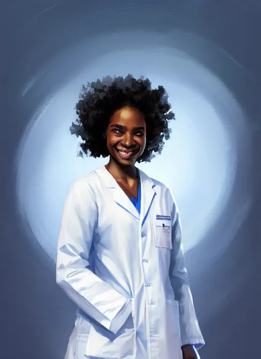 Image similar to full body portrait of young black woman with as a doctor, blue scrubs and white coat, intricate, beaming smile, angelic halo, highly detailed, digital painting, artstation, concept art, smooth, sharp focus, illustration, art by wlop, mars ravelo and greg rutkowski