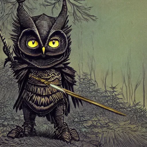 Prompt: Anthropomorphic black owl knight with yellow eyes, holding a large spear, shambling in a forest at night while twisting its head, full body shot, Intricate detail, in the style of Kentaro Miura,