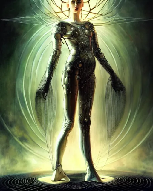 Image similar to karol bak and tom bagshaw and bastien lecouffe - deharme full body character portrait of galadriel as the borg queen, digitalcore rebirth, floating in a powerful zen state, supermodel, beautiful and ominous, wearing combination of mecha and bodysuit made of wires and silk, machinery enveloping nature in the background, scifi character render