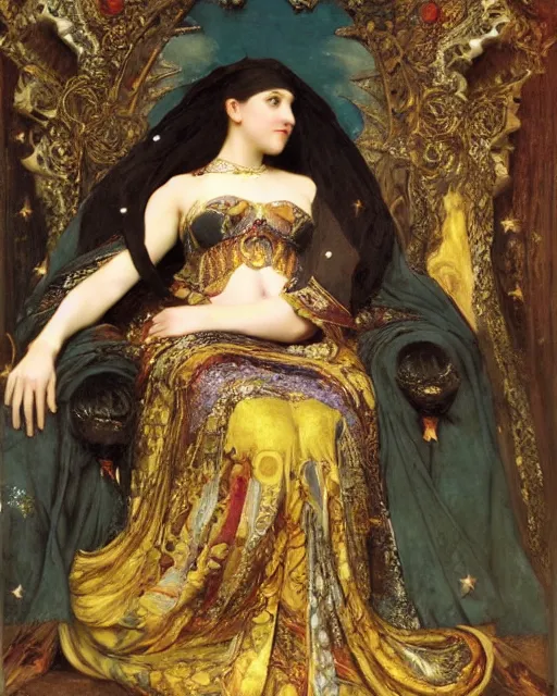 Image similar to an illustration of a queen on a throne at night by frederick arthur bridgman, by georgia o keeffe, by gustave moreau, by bouguereau, realistic, detailed, oil painting, 1 9 th