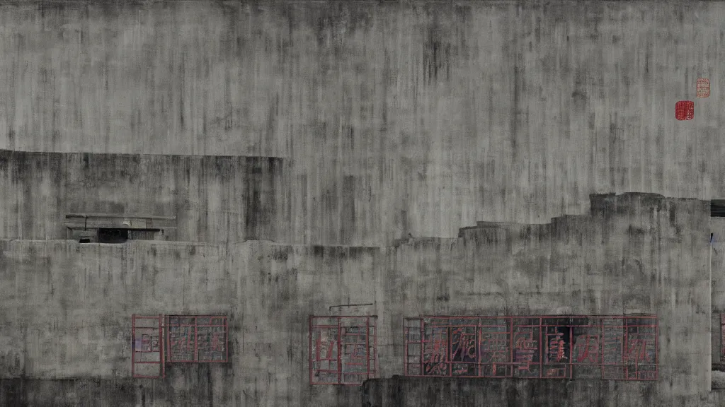 Image similar to a chinese prison near a river by peter doig, muted grey colors, overlaid with chinese adverts