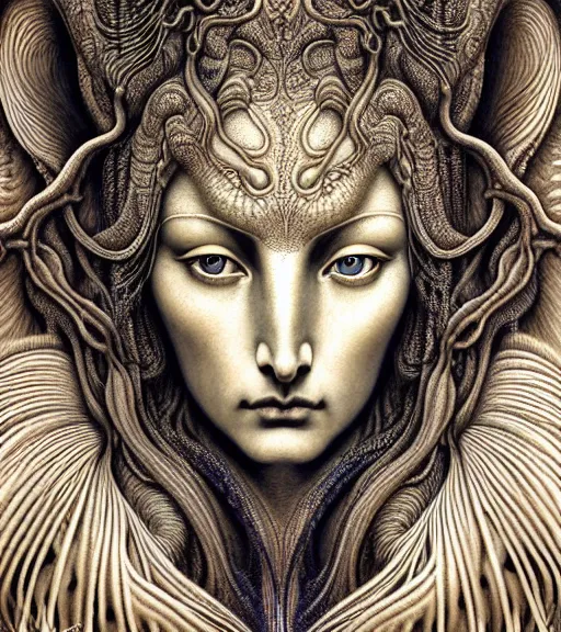 Image similar to detailed realistic beautiful coyote goddess face portrait by jean delville, gustave dore, iris van herpen and marco mazzoni, art forms of nature by ernst haeckel, art nouveau, symbolist, visionary, gothic, neo - gothic, pre - raphaelite, fractal lace, intricate alien botanicals, ai biodiversity, surreality, hyperdetailed ultrasharp octane render