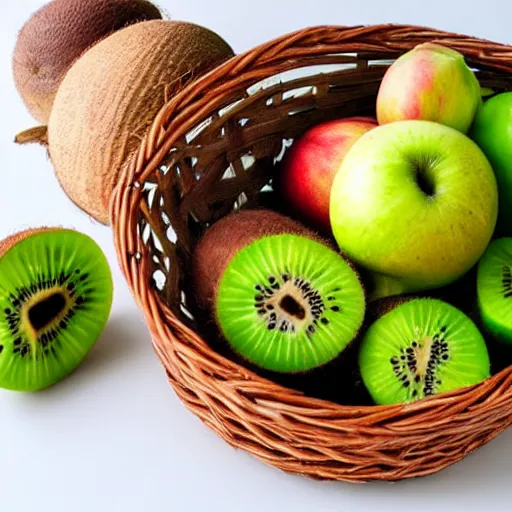 Prompt: a basket full of coconut, kiwi, apple and tooth brush