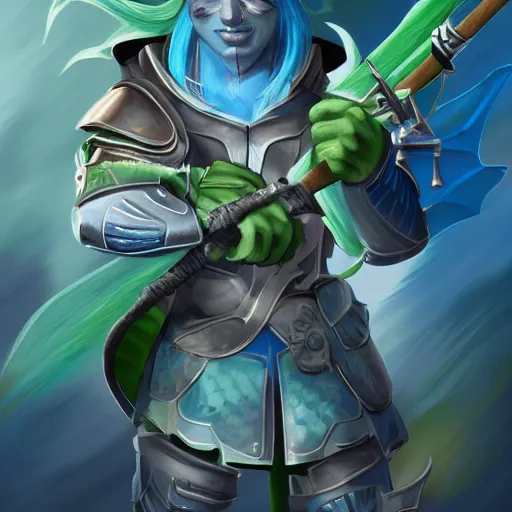 Image similar to Blue skinned fish person with green hair with a staff wearing leather armor, male, dungeons and dragons character, digital art