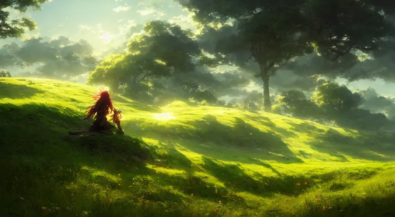 Image similar to beautiful anime wallpaper, landscape, green rolling hills, bright, intricate, sharp focus, lens flare, bloom, illustration, highly detailed, digital painting, concept art, matte, art by ruan jia and wlop and greg rutkowski, masterpiece