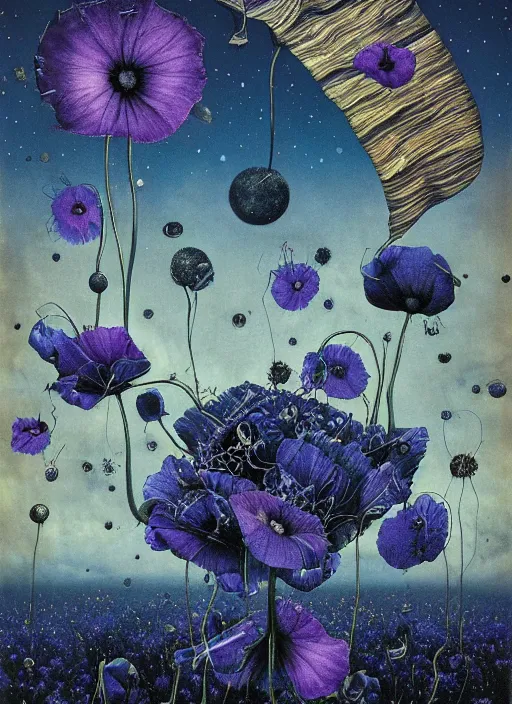 Image similar to detailed, intricate blue black and purple papaverum flower on the field, nebula, galaxy in the sky, winning award masterpiece, fantastically beautiful, illustration, aestheticly inspired, jacek yerka, upscale with anguissola sofonisba work, artstation, 8 k