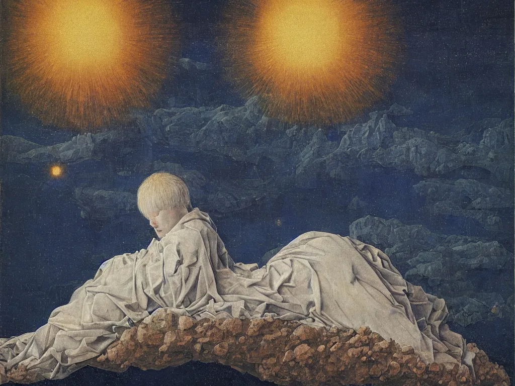 Prompt: Portrait of terrifying Blue star clad albino angel sleeping in the seed of a comet. Icy surreal mountains at night. Coral-like pebbles, autumn light. Painting by Jan van Eyck, Fra Filippo Lippi, Rene Magritte, Jean Delville, Max Ernst, Beksinski